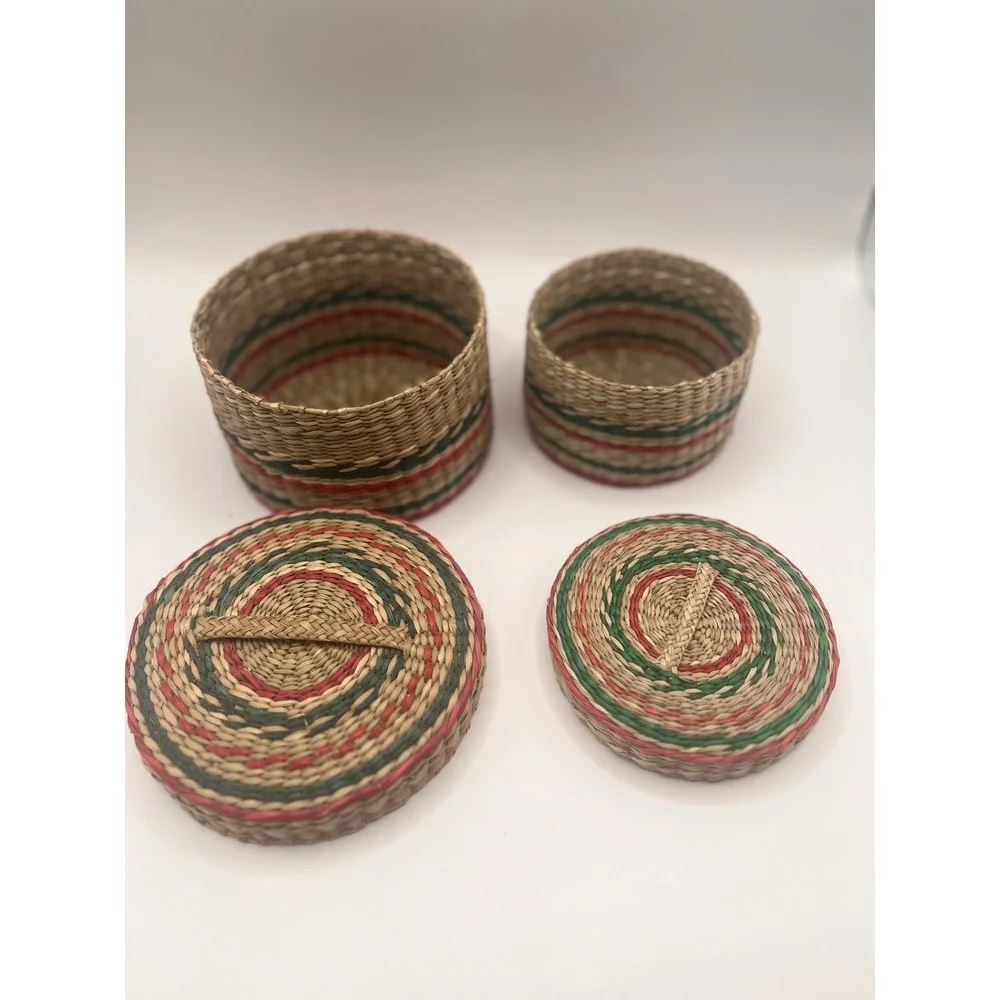 Vintage Woven Nesting Baskets with Lids Red Green Natural Straw Set of 2 Boho